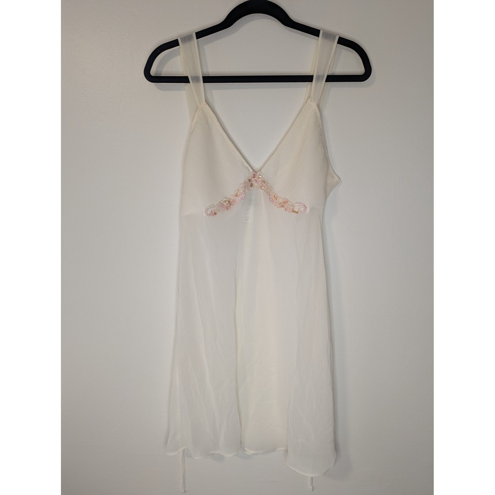 Expressions by California Dynasty Ivory Beaded Babydoll Chemise Nightgown Medium